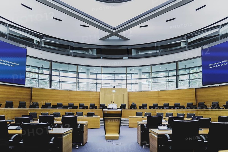 Courtroom at the International Tribunal for the Law of the Sea, photographed in Hamburg, 26 July 2024. /