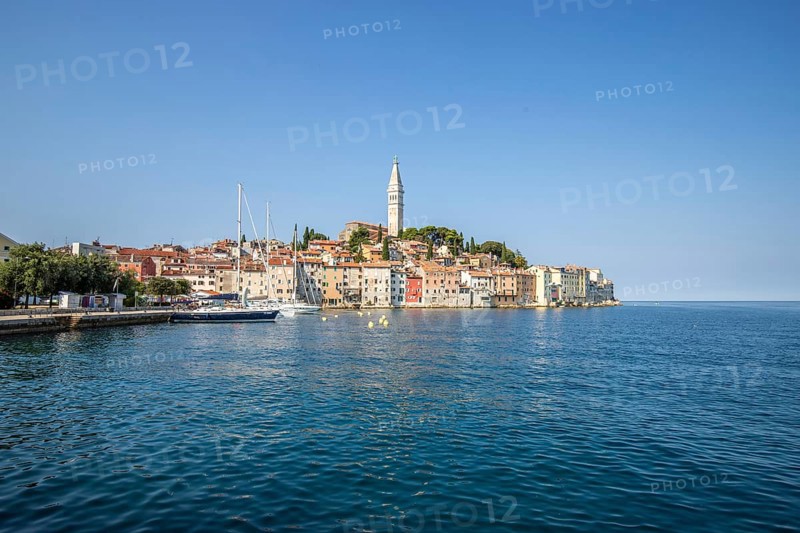 Old historic dreamy town on a beautiful island. Panorama of a romantic tourist town on a coast. Rovinj, Istria, Croatia, Europe