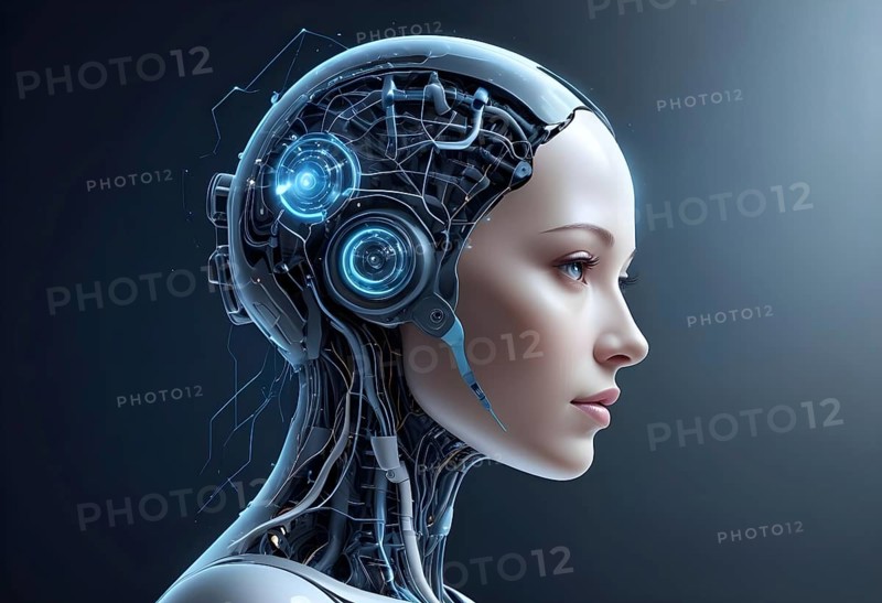 Side view of a human-like robot with exposed wires and circuits, AI generated