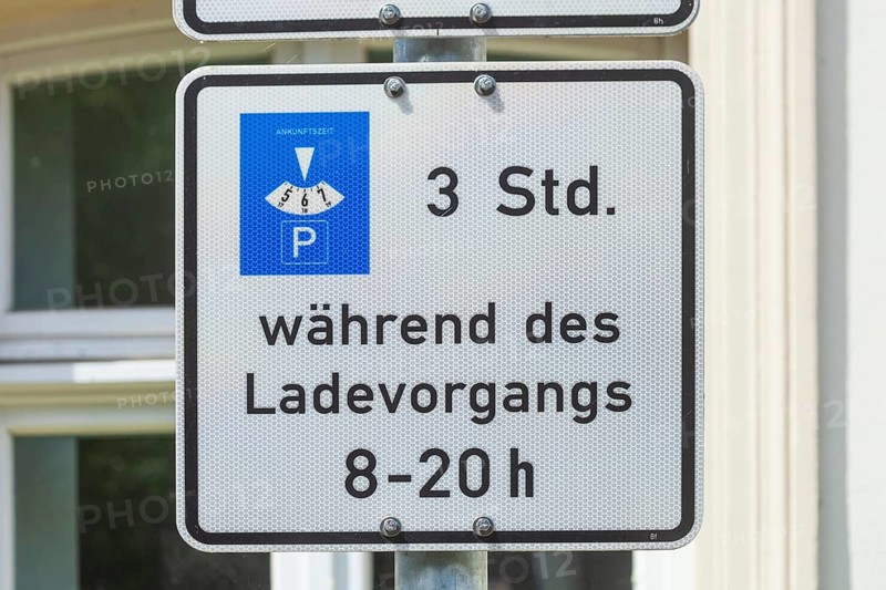 Traffic sign for car park and charging station for electric cars, Germany, Europe
