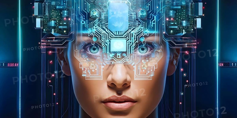 Illustration of a human brain merging with a woman's head intertwined with microchips and a processor, AI generated