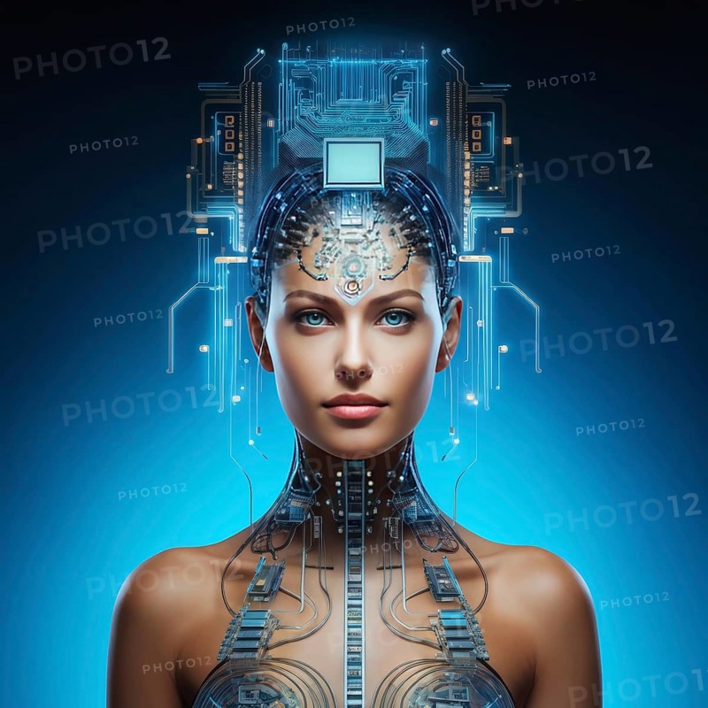 Illustration of a human brain merging with a woman's head intertwined with microchips and a processor, AI generated