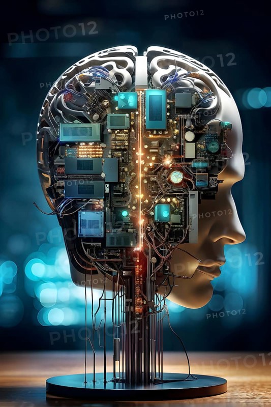 Illustration of a human brain merging with a man's head intertwined with microchips and a processor, AI generated