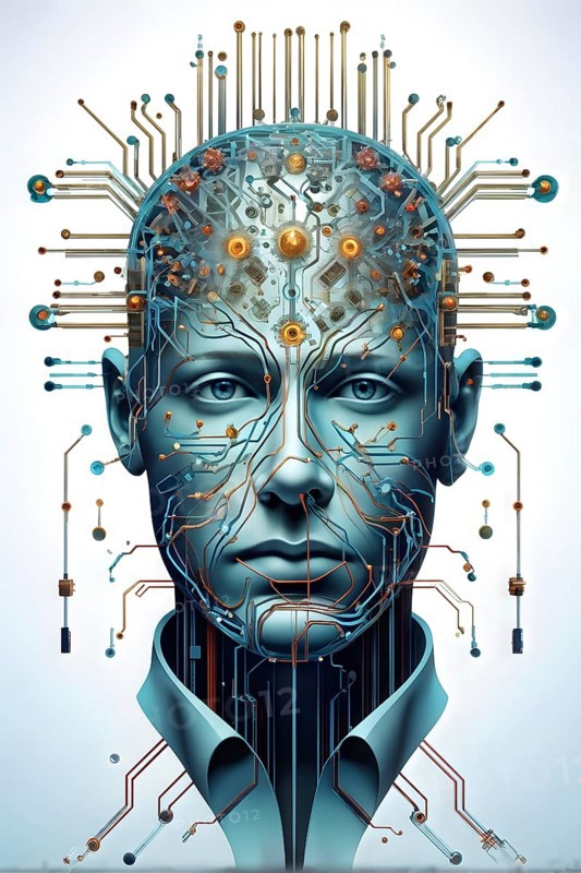 Illustration of a human brain merging with a man's head intertwined with microchips and a processor, AI generated