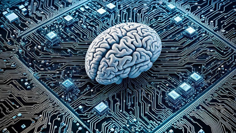 Illustration of a human brain intertwined with microchips and a processor, AI generated