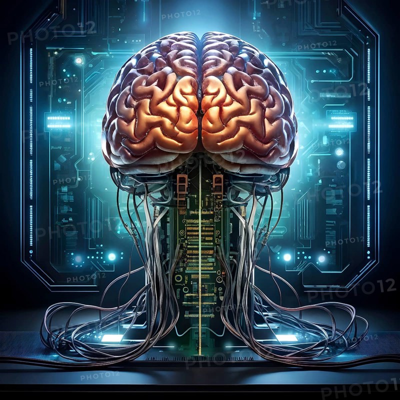 Illustration of a human brain intertwined with microchips and a processor, AI generated