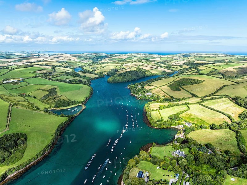 Salcombe and Mill Bay over Kingsbridge Estuary from a drone, Batson Creek, Southpool Creek, Devon, England, United Kingdom, Europe