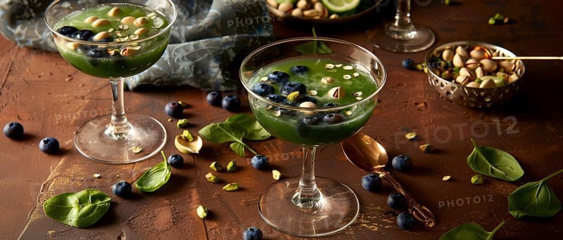 Green drink with blueberries, pistachios, and leafy greens on a rustic table, AI generated
