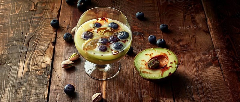 Exotic drink with avocado and blueberries on a rustic wooden background, AI generated
