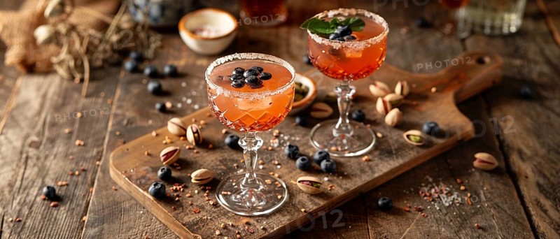 Inviting cocktail glasses with blueberries and pistachios on a rustic wood surface, AI generated