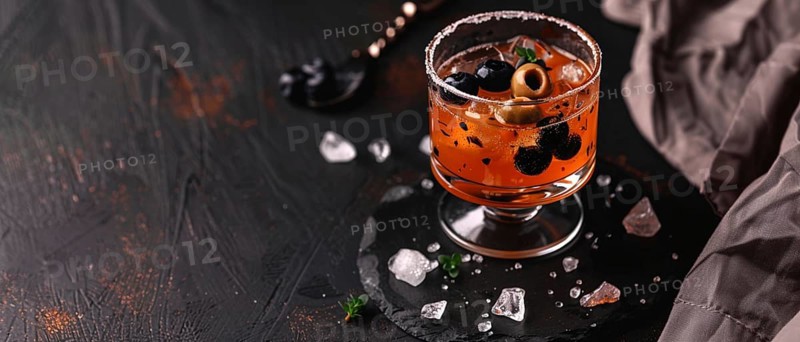 Stylish cocktail with olives and blueberries, presented in an elegant glass on a dark textured background, AI generated