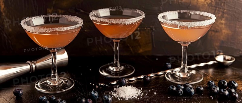 Three cocktails with sugar rims arranged on a dark surface with scattered blueberries, next to a jigger, AI generated