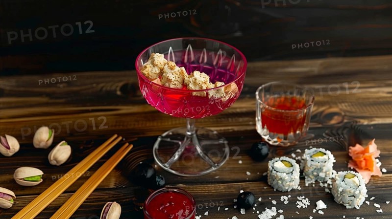 A vibrant pink drink and sushi rolls on a wooden table with pistachios and chopsticks, AI generated