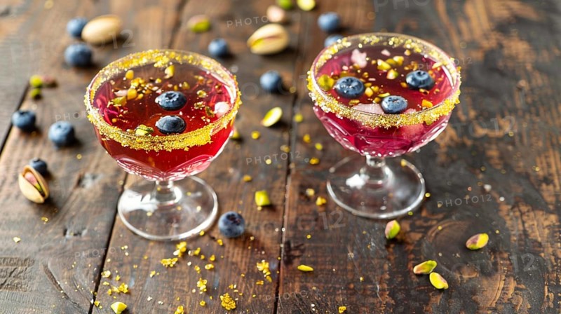 Two berry cocktails with sugar-rimmed glasses, pistachios, and blueberries on a wooden table, AI generated