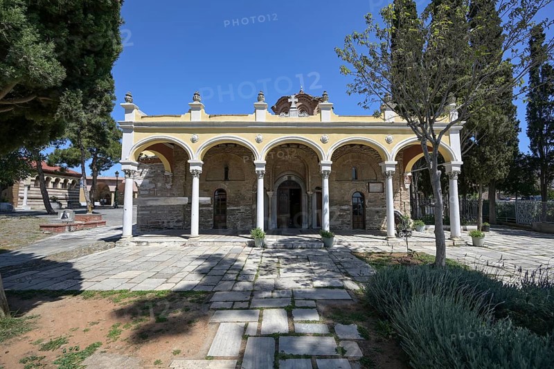 Vlatades Monastery, historic Byzantine temple in the upper town of Thessaloniki, Greece, UNESCO World Heritage Site since 1988, landmark and tourism destination, blue sky copy space, Europe
