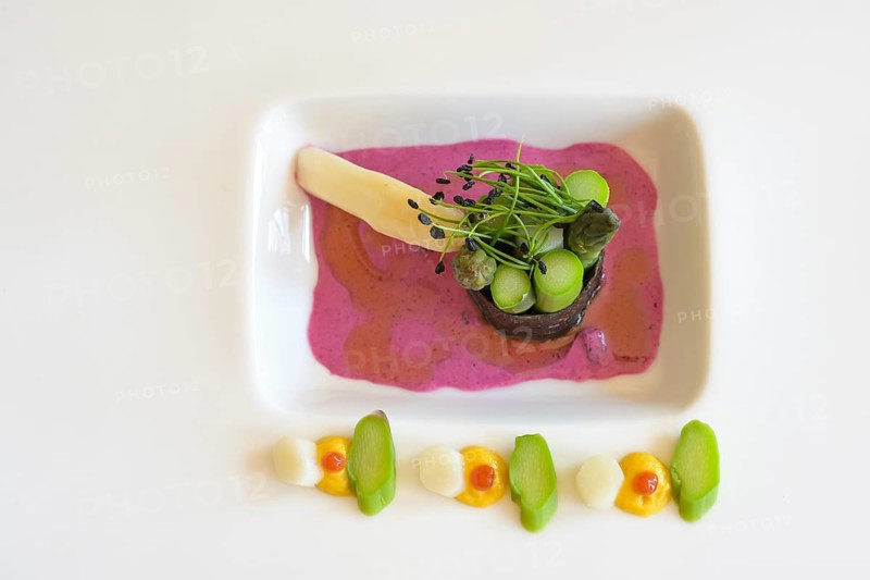 Vegetarian gourmet dish made of asparagus wrapped in nori seaweed, beetroot dressing and leek sprouts served on a white plate, high angle view from above, copy space, selected focus
