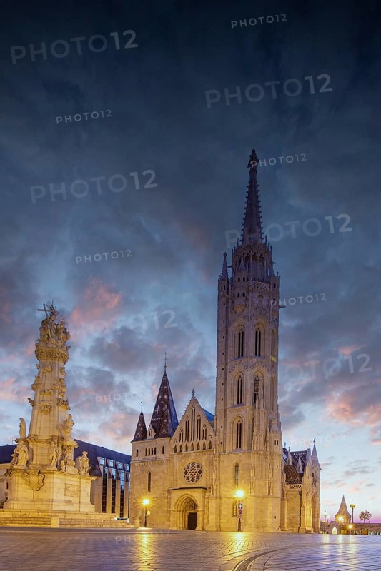 Old historic fortress and church at sunrise. City panorama at dusk. View of the Danube Fishermen's Bastion, Halaszbastya, Budapest, Hungary, Europe