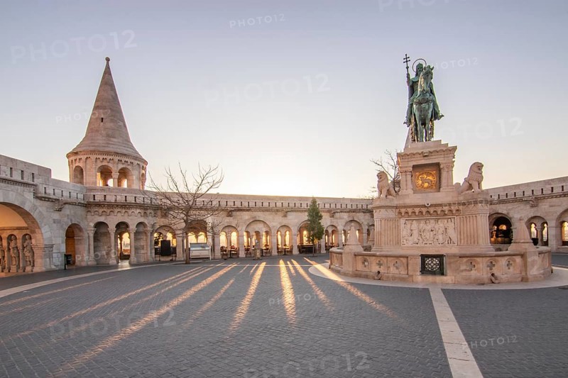 Old historic fortress and church at sunrise. City panorama at dusk. View of the Danube Fishermen's Bastion, Halaszbastya, Budapest, Hungary, Europe