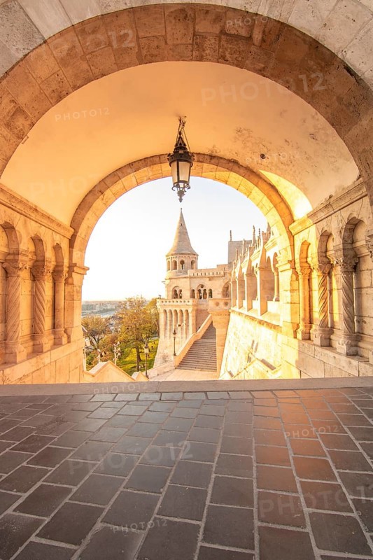 Old historic fortress and church at sunrise. City panorama at dusk. View of the Danube Fishermen's Bastion, Halaszbastya, Budapest, Hungary, Europe