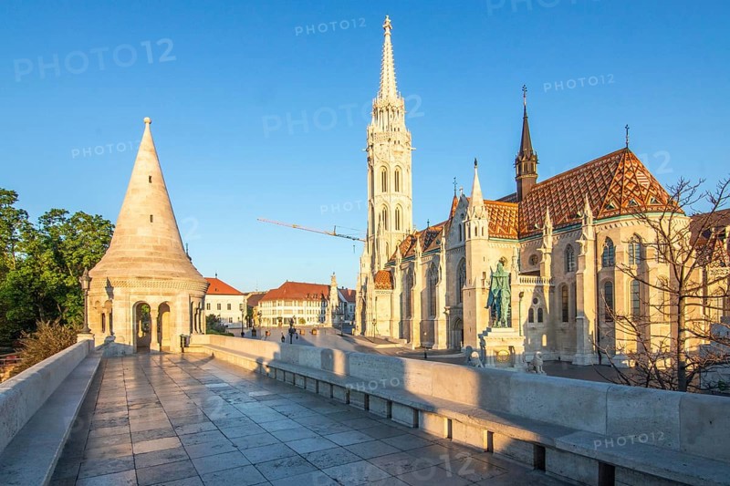 Old historic fortress and church at sunrise. City panorama at dusk. View of the Danube Fishermen's Bastion, Halaszbastya, Budapest, Hungary, Europe