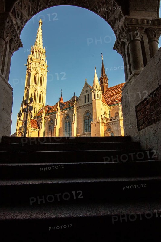 Old historic fortress and church at sunrise. City panorama at dusk. View of the Danube Fishermen's Bastion, Halaszbastya, Budapest, Hungary, Europe
