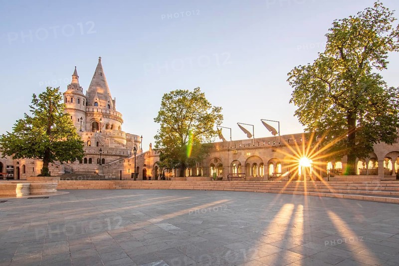 Old historic fortress and church at sunrise. City panorama at dusk. View of the Danube Fishermen's Bastion, Halaszbastya, Budapest, Hungary, Europe