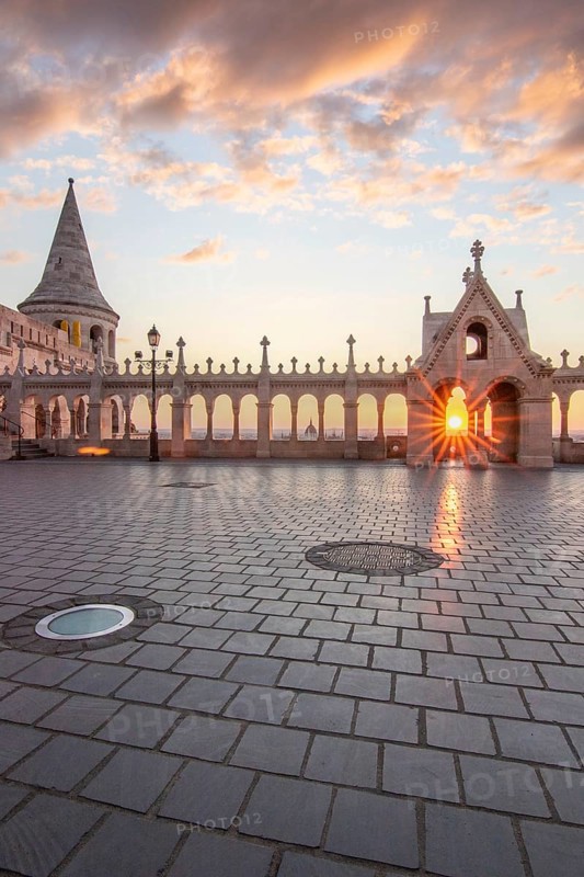 Old historic fortress and church at sunrise. City panorama at dusk. View of the Danube Fishermen's Bastion, Halaszbastya, Budapest, Hungary, Europe