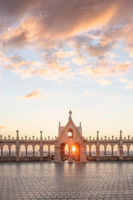 Old historic fortress and church at sunrise. City panorama at dusk. View of the Danube Fishermen's Bastion, Halaszbastya, Budapest, Hungary, Europe