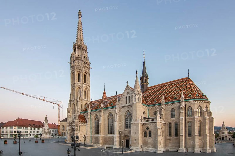 Old historic fortress and church at sunrise. City panorama at dusk. View of the Danube Fishermen's Bastion, Halaszbastya, Budapest, Hungary, Europe