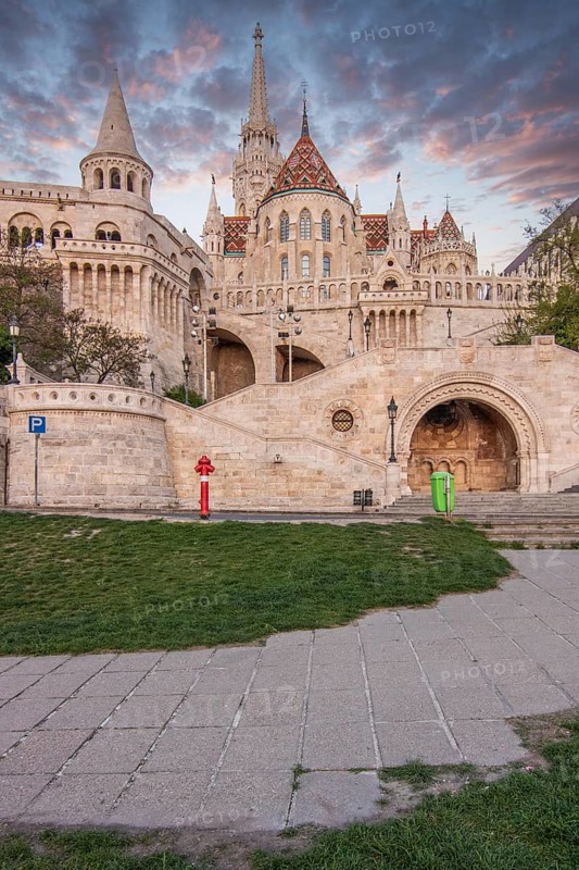 Old historic fortress and church at sunrise. City panorama at dusk. View of the Danube Fishermen's Bastion, Halaszbastya, Budapest, Hungary, Europe
