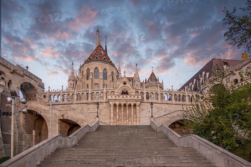 Old historic fortress and church at sunrise. City panorama at dusk. View of the Danube Fishermen's Bastion, Halaszbastya, Budapest, Hungary, Europe