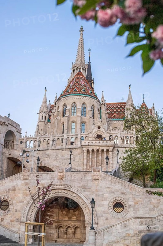 Old historic fortress and church at sunrise. City panorama at dusk. View of the Danube Fishermen's Bastion, Halaszbastya, Budapest, Hungary, Europe