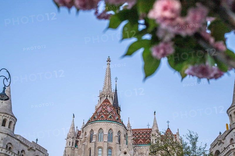 Old historic fortress and church at sunrise. City panorama at dusk. View of the Danube Fishermen's Bastion, Halaszbastya, Budapest, Hungary, Europe