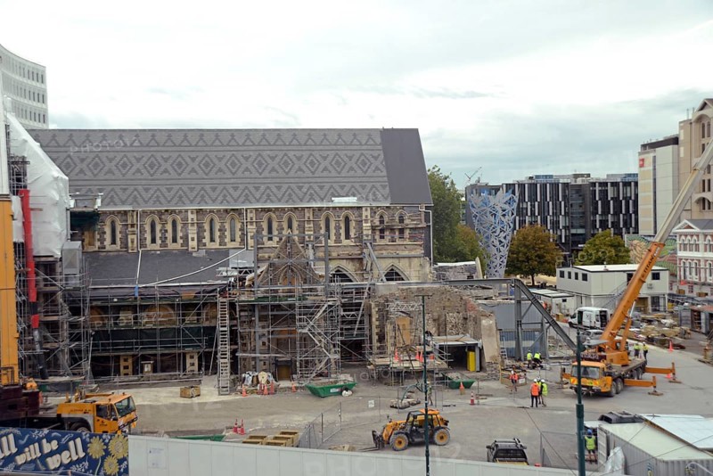 CHRISTCHURCH, NEW ZEALAND, FEBRUARY 24, 2022: An team of tradesmen work on the Anglican Cathedral during the Christchurch rebuild, 11 years after the city was devestated by an earthquake