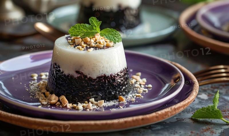 Thai black sticky rice pudding on a pastel purple plate AI generated