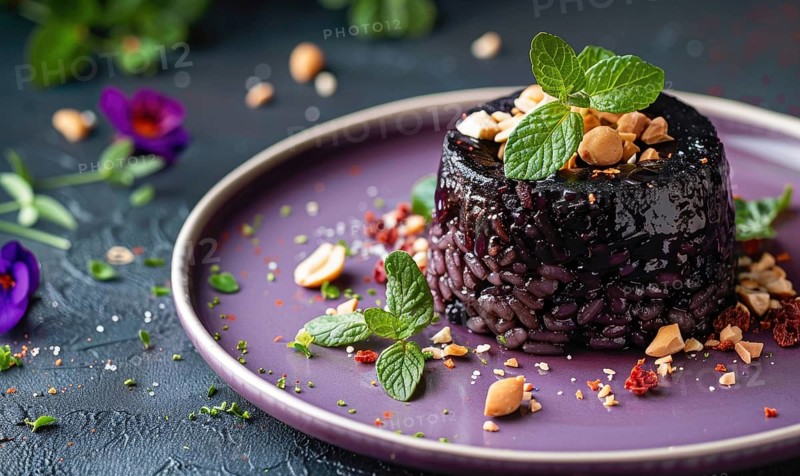 Thai black sticky rice pudding on a pastel purple plate AI generated