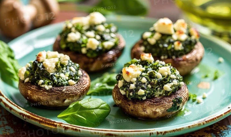 Spinach and feta stuffed mushrooms on a pastel green plate AI generated