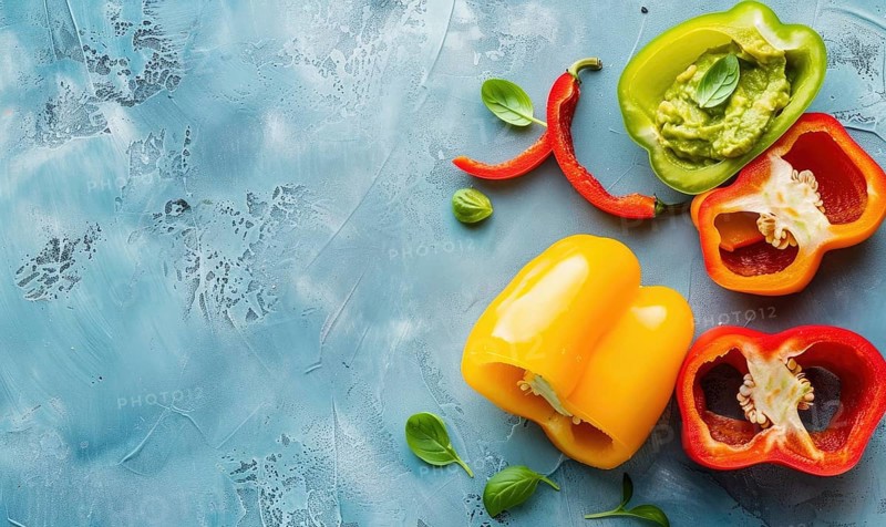 Sliced bell peppers with guacamole on a light blue background AI generated