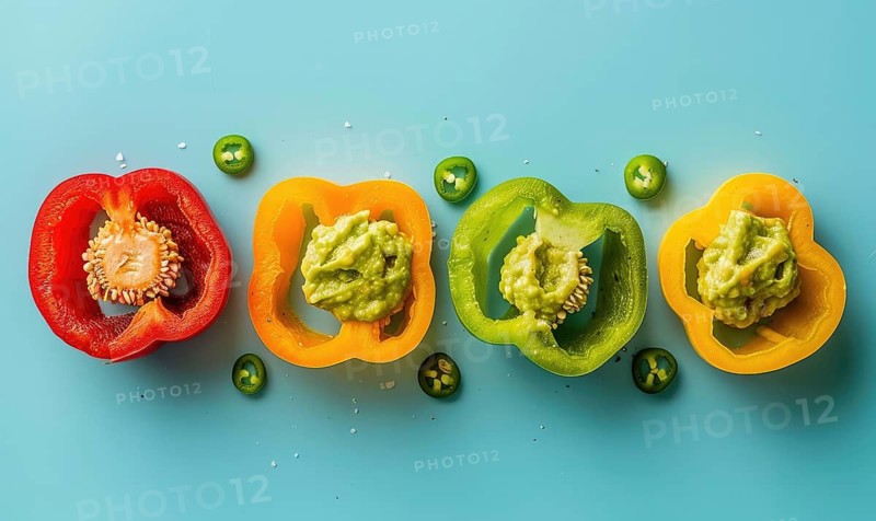 Sliced bell peppers with guacamole on a light blue background AI generated