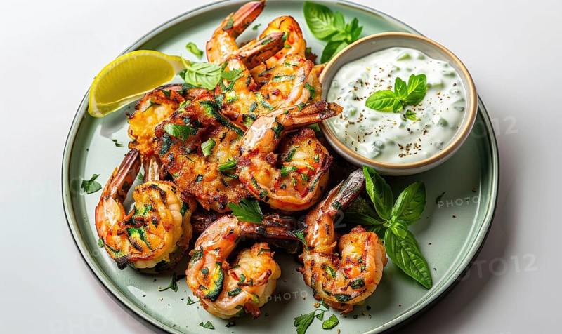 Shrimp and zucchini fritters with yogurt dip on a pastel green plate AI generated