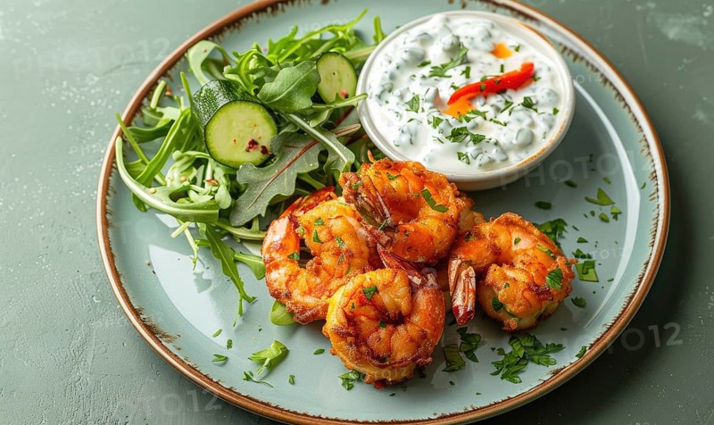 Shrimp and zucchini fritters with yogurt dip on a pastel green plate AI generated
