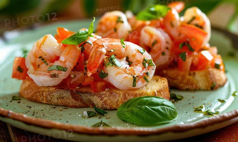 Shrimp and tomato bruschetta on a pastel green plate AI generated