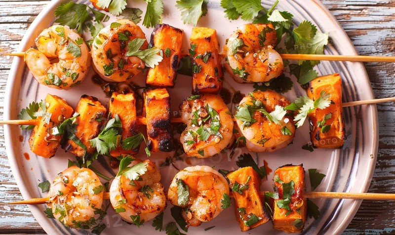 Shrimp and sweet potato bites with cilantro on a light wooden background AI generated