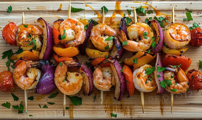 Shrimp and roasted vegetable skewers on a light wooden background AI generated