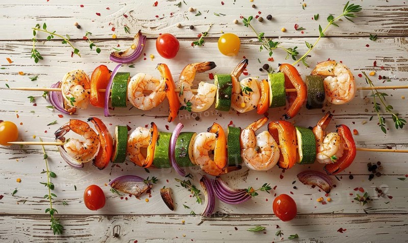 Shrimp and roasted vegetable skewers on a light wooden background AI generated