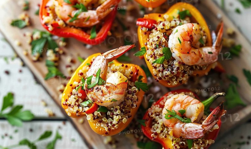 Shrimp and quinoa stuffed bell peppers on a light wooden background AI generated