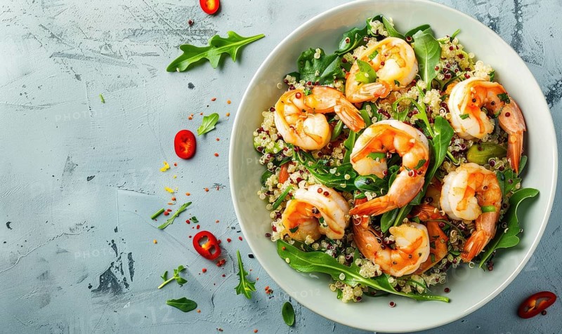Shrimp and quinoa salad with citrus dressing on a light blue background AI generated