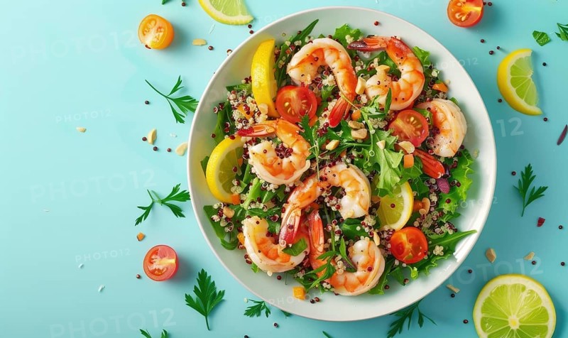 Shrimp and quinoa salad with citrus dressing on a light blue background AI generated