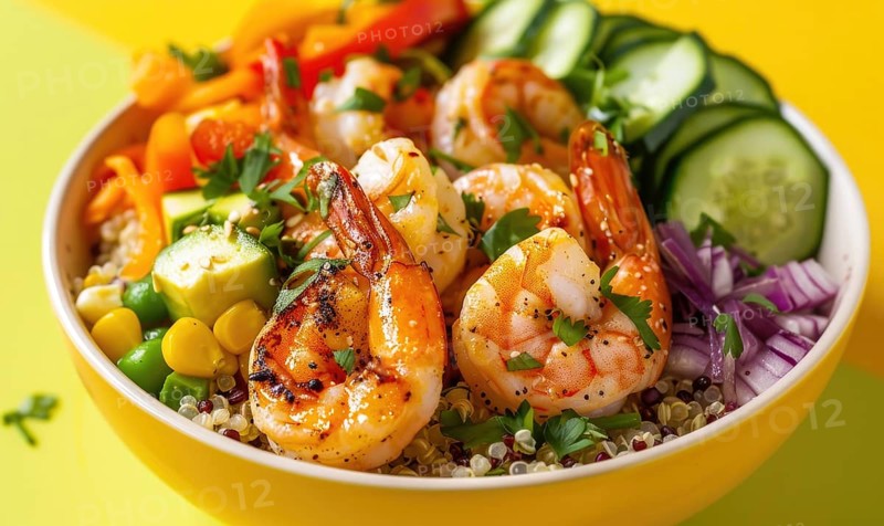 Shrimp and quinoa bowl with vegetables on a pastel yellow plate AI generated
