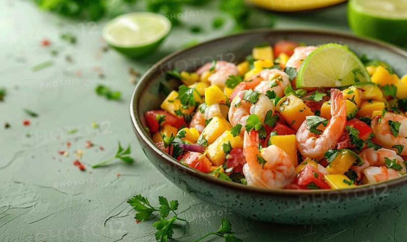 Shrimp and mango salsa with lime on a light green background AI generated